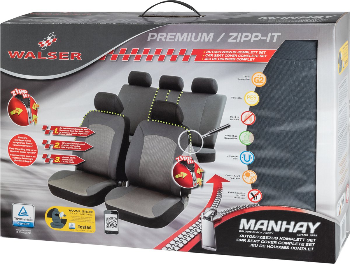 WALSER Premium Autostoelbekleding Avignon met Zipper, ZIPP-IT Autostoelhoes set, 2 stoelbeschermer voor voorstoel, 1 stoelbeschermer voor achterbank zwart/blauw 11871