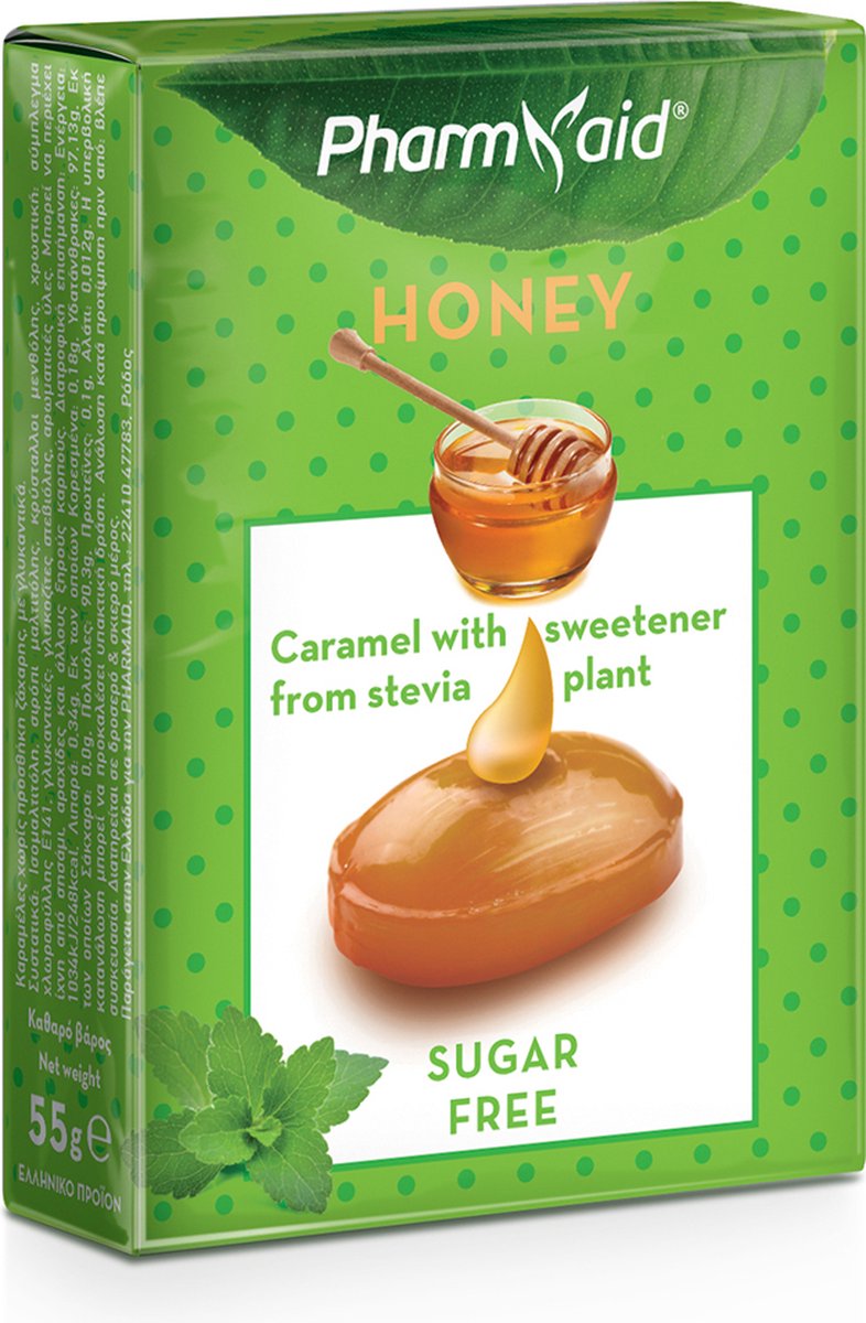 Goedkoopste Pharmaid Stevia Caramels Honey 55gr | Keelpasilles Honing Suikervrij