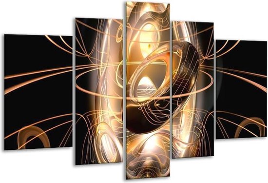 Glasschilderij Abstract - Zwart, Wit, Goud - 170x100cm 5Luik - Foto Op Glas - Geen Acrylglas Schilderij - 6000+ Glasschilderijen Collectie - Wanddecoratie