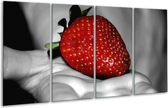 GroepArt - Glasschilderij - Aardbei - Rood, Grijs, Groen - 160x80cm 4Luik - Foto Op Glas - Geen Acrylglas Schilderij - 6000+ Glasschilderijen Collectie - Wanddecoratie