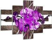 Glasschilderij -  Orchidee - Paars, Grijs, Wit - 100x70cm 5Luik - Geen Acrylglas Schilderij - GroepArt 6000+ Glasschilderijen Collectie - Wanddecoratie- Foto Op Glas