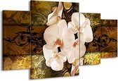 GroepArt - Schilderij -  Orchidee - Bruin, Goud, Crème - 160x90cm 4Luik - Schilderij Op Canvas - Foto Op Canvas