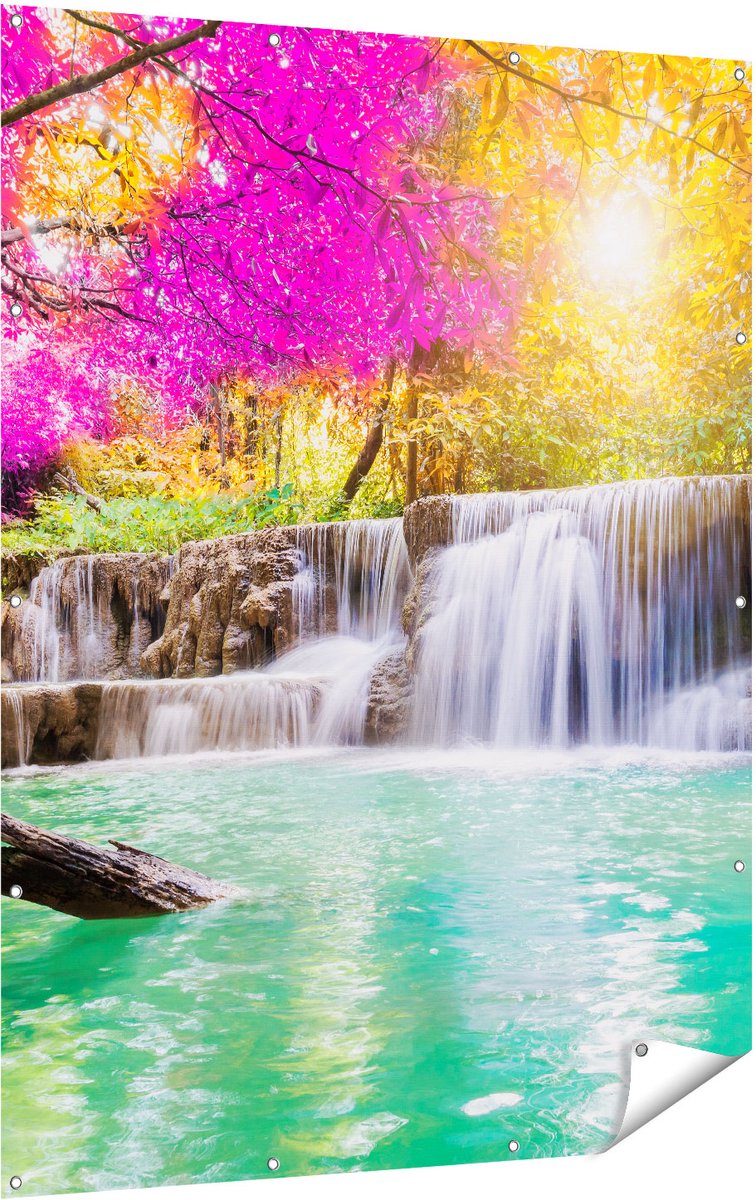 Gards Tuinposter Waterval met Groen Water en Roze Bladeren - 120x160 cm - Tuindoek - Tuindecoratie - Wanddecoratie buiten - Tuinschilderij Multikleur