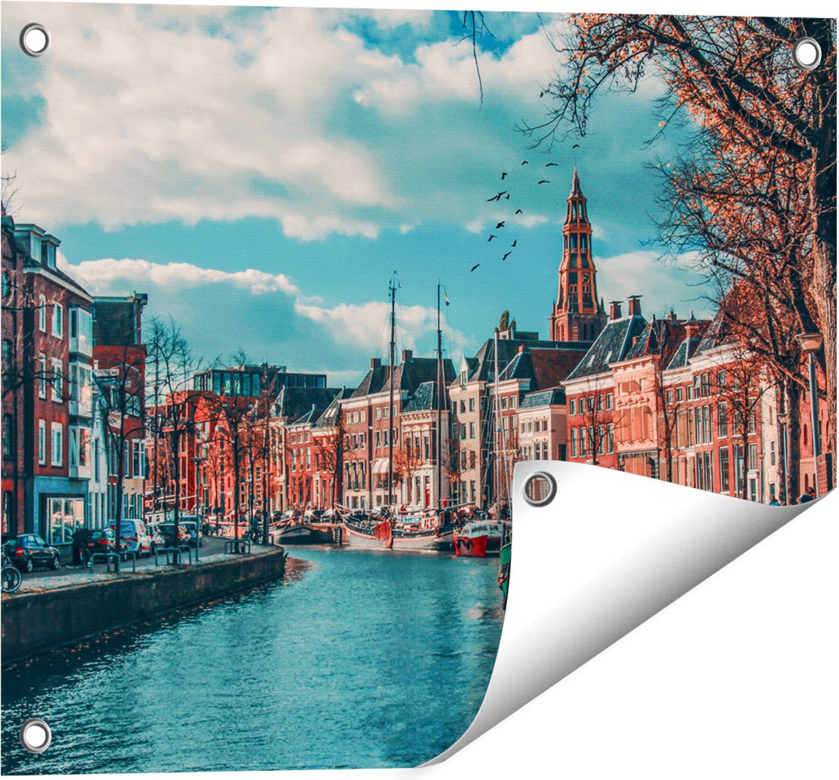 Gards Tuinposter Gracht in Groningen - 50x40 cm - Tuindoek - Tuindecoratie - Wanddecoratie buiten - Tuinschilderij Multikleur