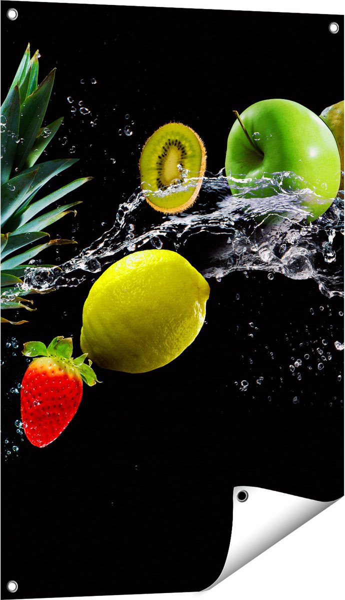 Gards Tuinposter Fruit met Water op Zwart Achtergrond - 60x90 cm - Tuindoek - Tuindecoratie - Wanddecoratie buiten - Tuinschilderij Multikleur
