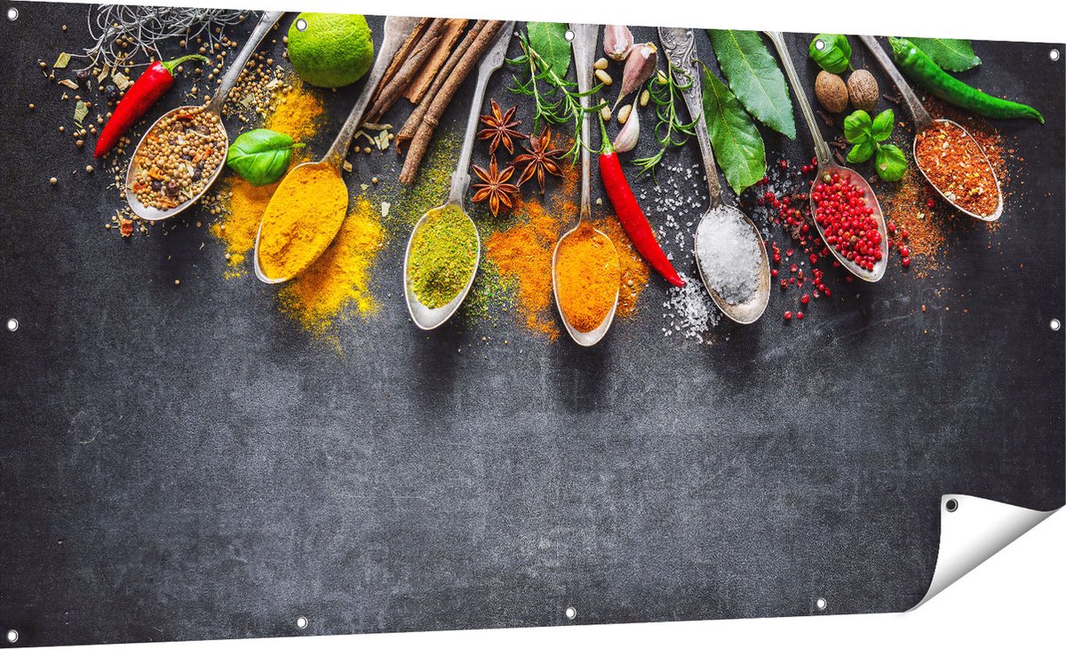 Gards Tuinposter Kruiden en Specerijen op een Zwarte Plaat - 180x90 cm - Tuindoek - Tuindecoratie - Wanddecoratie buiten - Tuinschilderij Multikleur