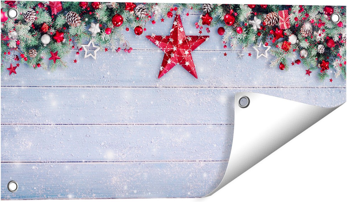 Gards Tuinposter Kerst Achtergrond met Sneeuw op Tafel - 60x30 cm - Tuindoek - Tuindecoratie - Wanddecoratie buiten - Tuinschilderij Multikleur