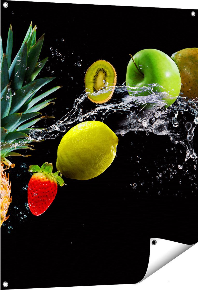 Gards Tuinposter Fruit met Water op Zwart Achtergrond - 80x100 cm - Tuindoek - Tuindecoratie - Wanddecoratie buiten - Tuinschilderij Multikleur