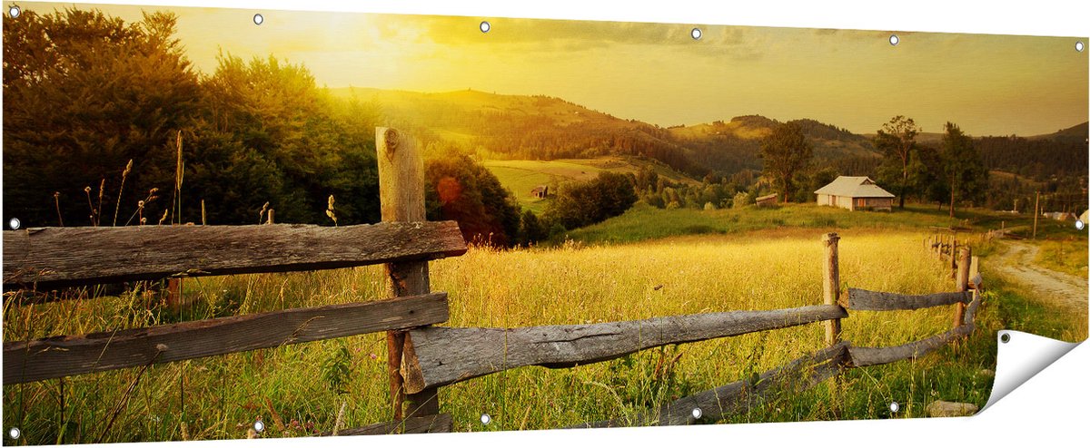 Gards Tuinposter Boerderij Hekken op het Grasveld - 210x70 cm - Tuindoek - Tuindecoratie - Wanddecoratie buiten - Tuinschilderij Multikleur