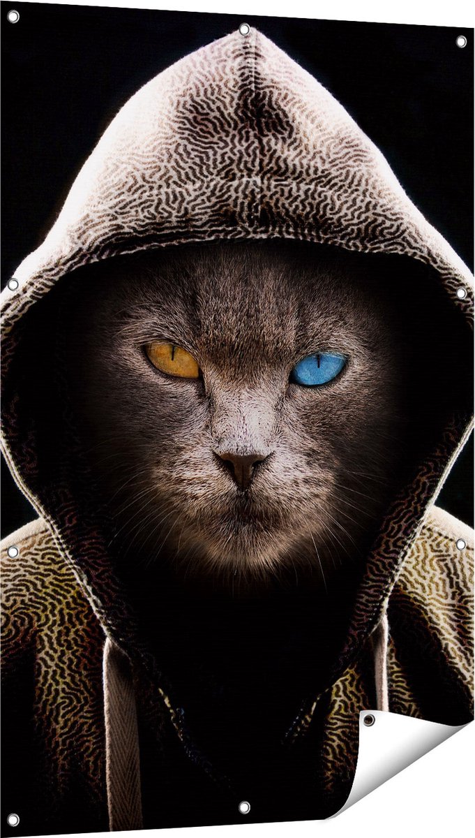 Gards Tuinposter Boze Kat Draagt een Hoodie - 80x120 cm - Tuindoek - Tuindecoratie - Wanddecoratie buiten - Tuinschilderij Multikleur