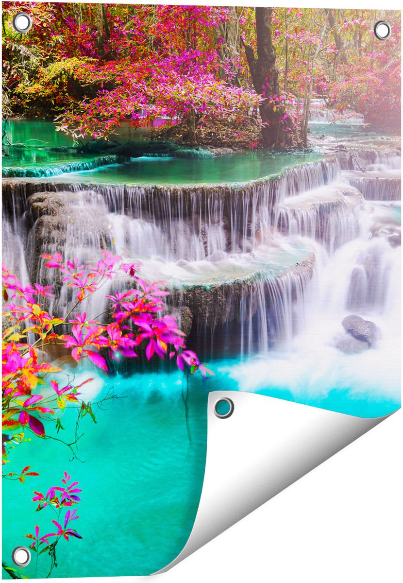 Gards Tuinposter Waterval in de Herfst met Kleurrijke Bloemen - 40x50 cm - Tuindoek - Tuindecoratie - Wanddecoratie buiten - Tuinschilderij Multikleur