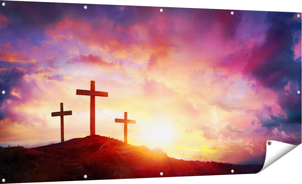 Gards Tuinposter Kruisiging van Jezus Christus - Drie Kruisen - 180x90 cm - Tuindoek - Tuindecoratie - Wanddecoratie buiten - Tuinschilderij Multikleur