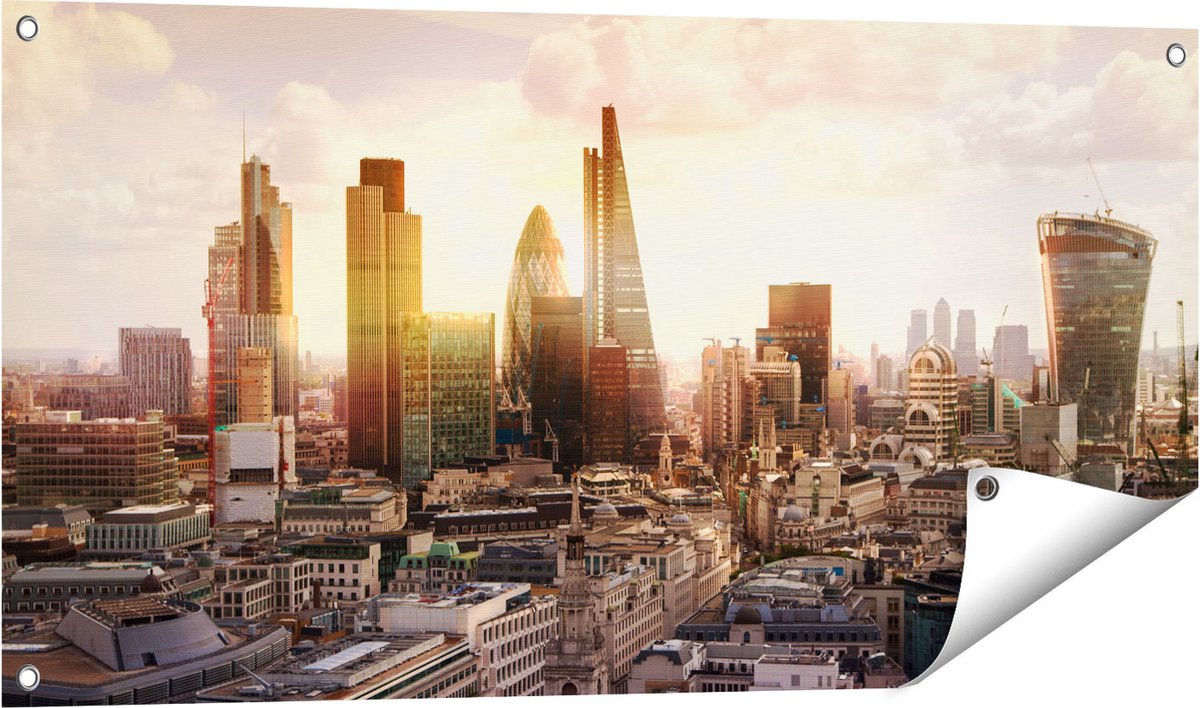 Gards Tuinposter Londen bij Zonsondergang in een Moderne Wijk - 100x50 cm - Tuindoek - Tuindecoratie - Wanddecoratie buiten - Tuinschilderij Multikleur