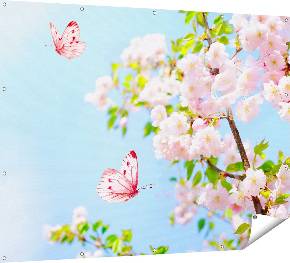Gards Tuinposter Twee Roze Vlinders bij Roze Bloesem Bloemen - 160x120 cm - Tuindoek - Tuindecoratie - Wanddecoratie buiten - Tuinschilderij Multikleur