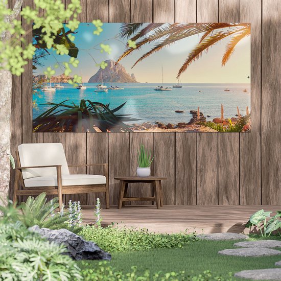 Gars Affiche jardin Ibiza Cala d'Hort Beach - 200x100 cm - Toile jardin - Décoration de jardin - Décoration murale extérieur - Peinture jardin
