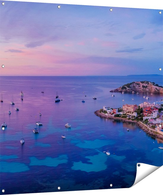 Gars Affiche de jardin Ibiza avec des Bateaux sur l' Water au lever du soleil - 120x120 cm - Toile de jardin - Décoration de jardin - Décoration murale extérieur - Tableau de jardin