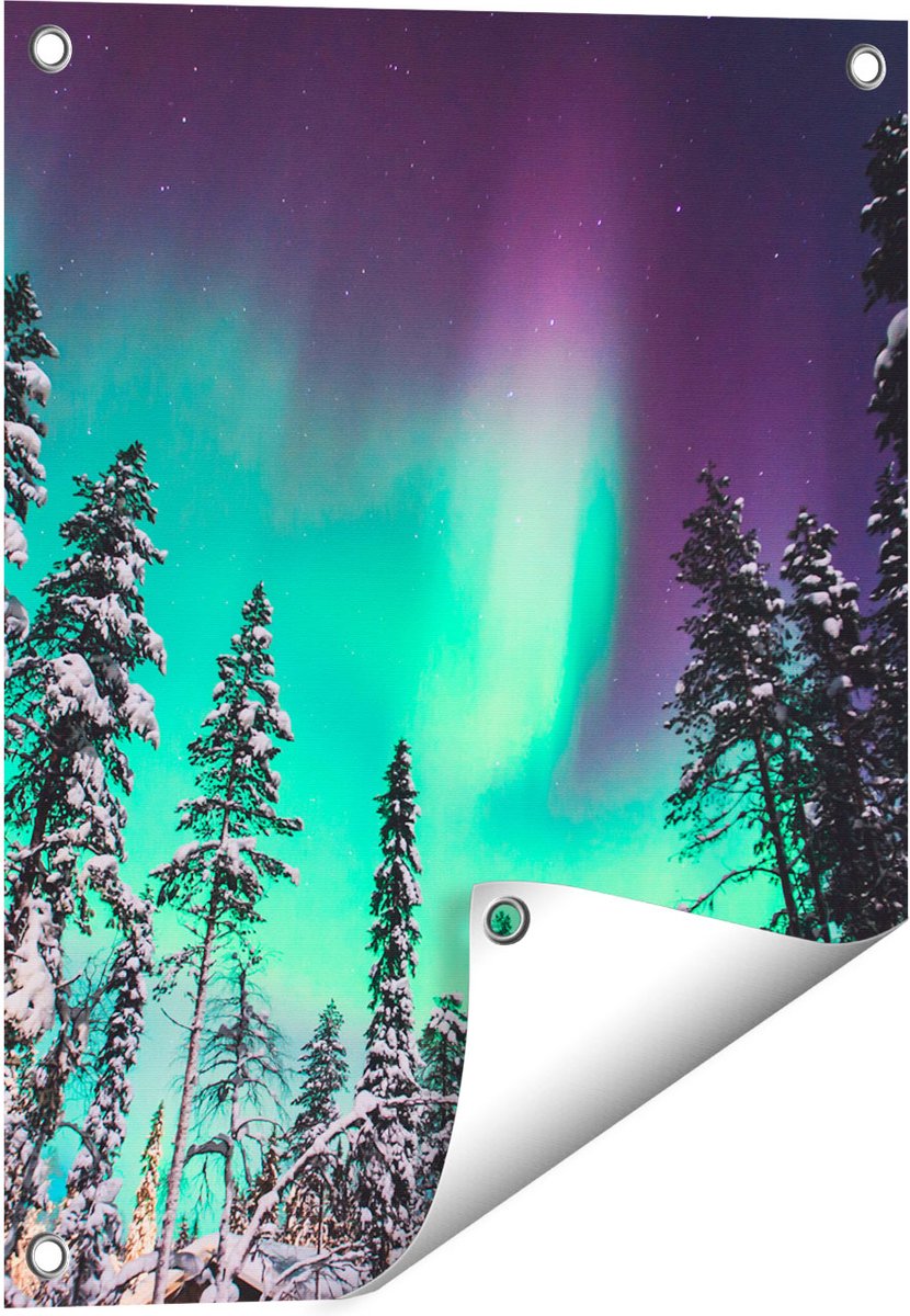 Gards Tuinposter Noorderlicht in de Bossen van Noorwegen - 40x50 cm - Tuindoek - Tuindecoratie - Wanddecoratie buiten - Tuinschilderij Multikleur