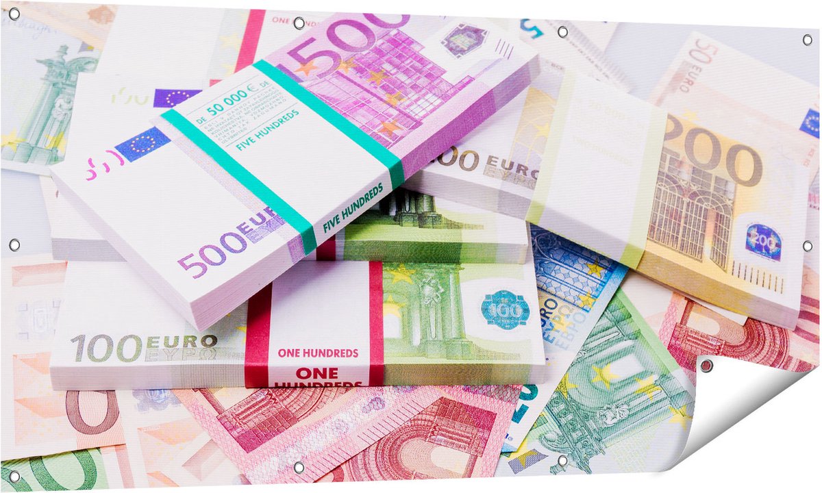 Gards Tuinposter Euro Geld Briefjes - Stapels - 140x70 cm - Tuindoek - Tuindecoratie - Wanddecoratie buiten - Tuinschilderij Multikleur