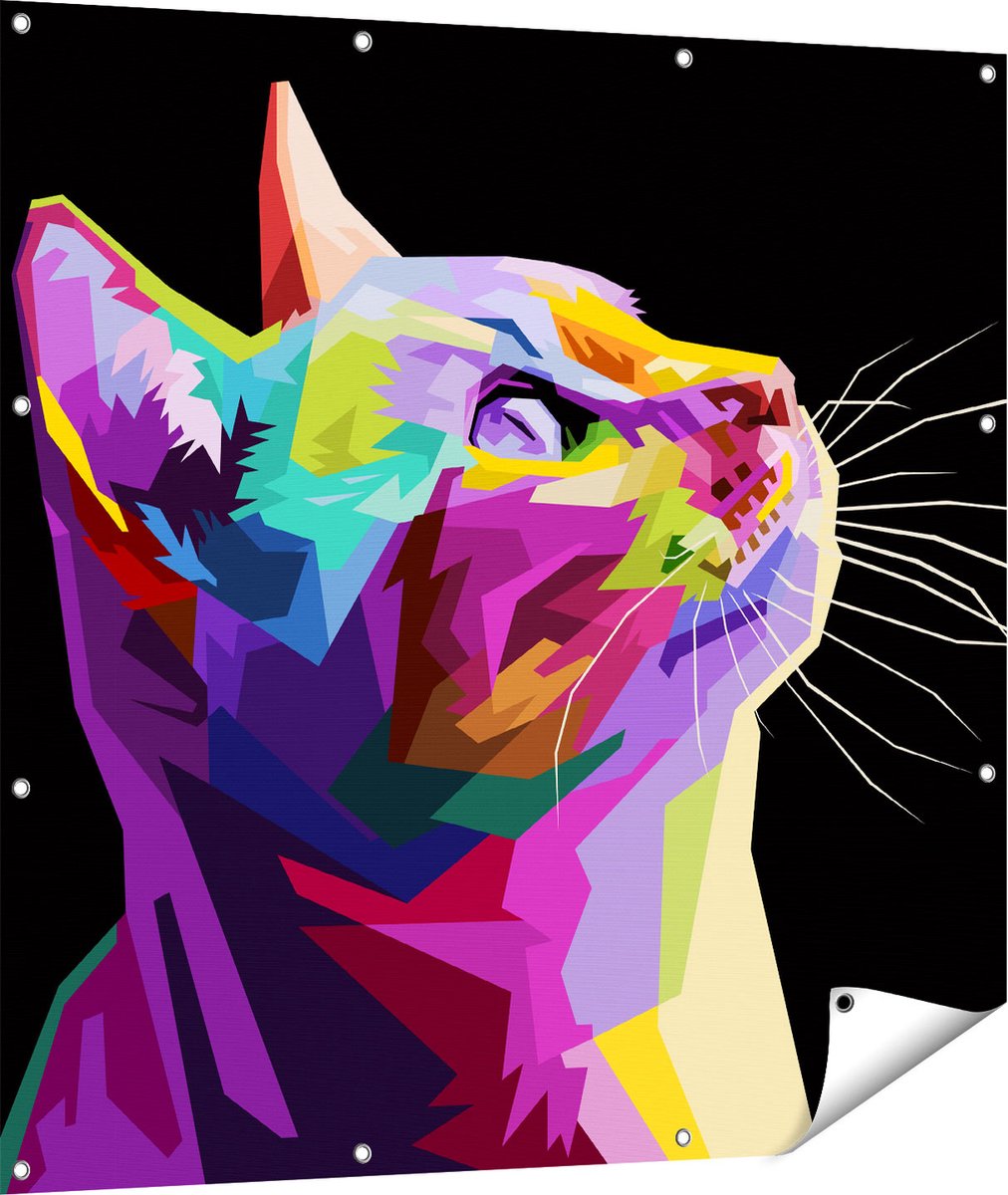 Gards Tuinposter Kleurrijke Kat Kijkt naar Boven - Abstract - 110x110 cm - Tuindoek - Tuindecoratie - Wanddecoratie buiten - Tuinschilderij Multikleur
