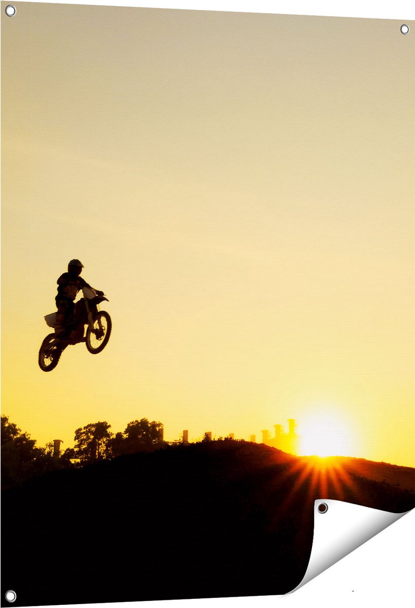 Gards Tuinposter Silhouet van een Motorcross bij Zonsondergang - 80x100 cm - Tuindoek - Tuindecoratie - Wanddecoratie buiten - Tuinschilderij Multikleur