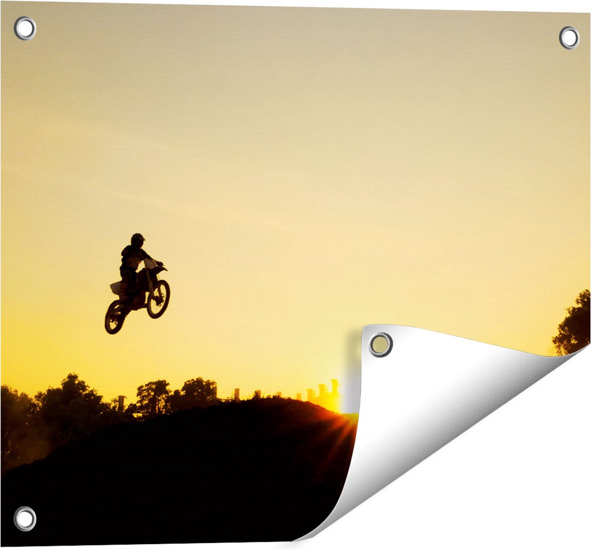 Gards Tuinposter Silhouet van een Motorcross bij Zonsondergang - 50x40 cm - Tuindoek - Tuindecoratie - Wanddecoratie buiten - Tuinschilderij Multikleur