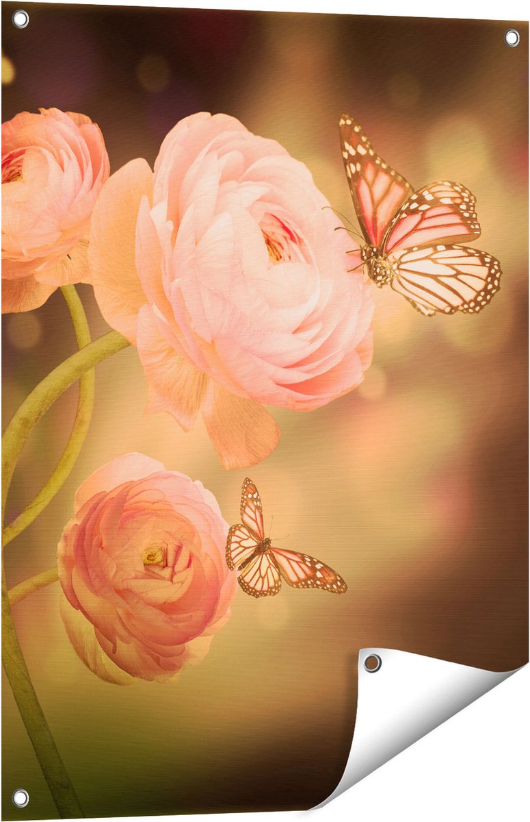 Gards Tuinposter Twee Roze Vlinders bij Roze Rozen - 60x80 cm - Tuindoek - Tuindecoratie - Wanddecoratie buiten - Tuinschilderij Multikleur