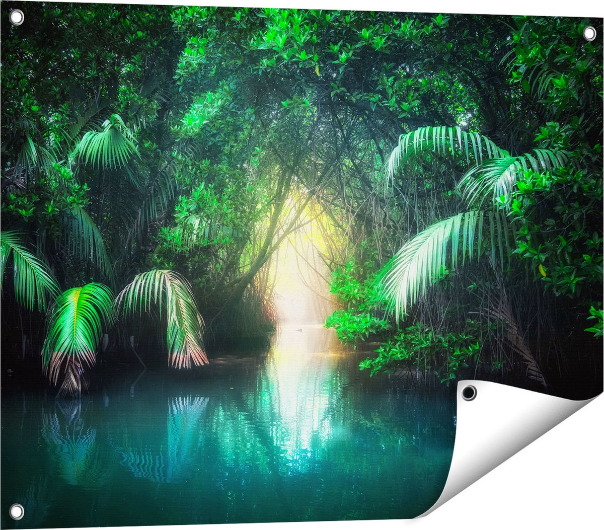 Gards Tuinposter Tropische Jungle met een Turquoise Meer - 80x60 cm - Tuindoek - Tuindecoratie - Wanddecoratie buiten - Tuinschilderij Multikleur