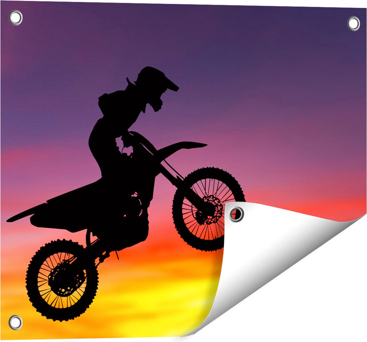 Gards Tuinposter Silhouet van een Motorcross in de Lucht - 50x40 cm - Tuindoek - Tuindecoratie - Wanddecoratie buiten - Tuinschilderij Multikleur