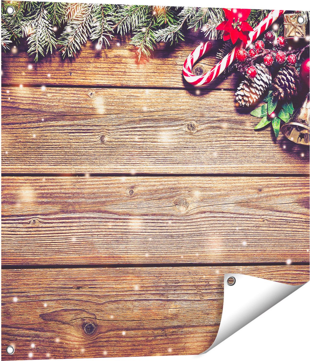 Gards Tuinposter Kerst Sfeer Achtergrond met Dennenbomen - 70x70 cm - Tuindoek - Tuindecoratie - Wanddecoratie buiten - Tuinschilderij Multikleur