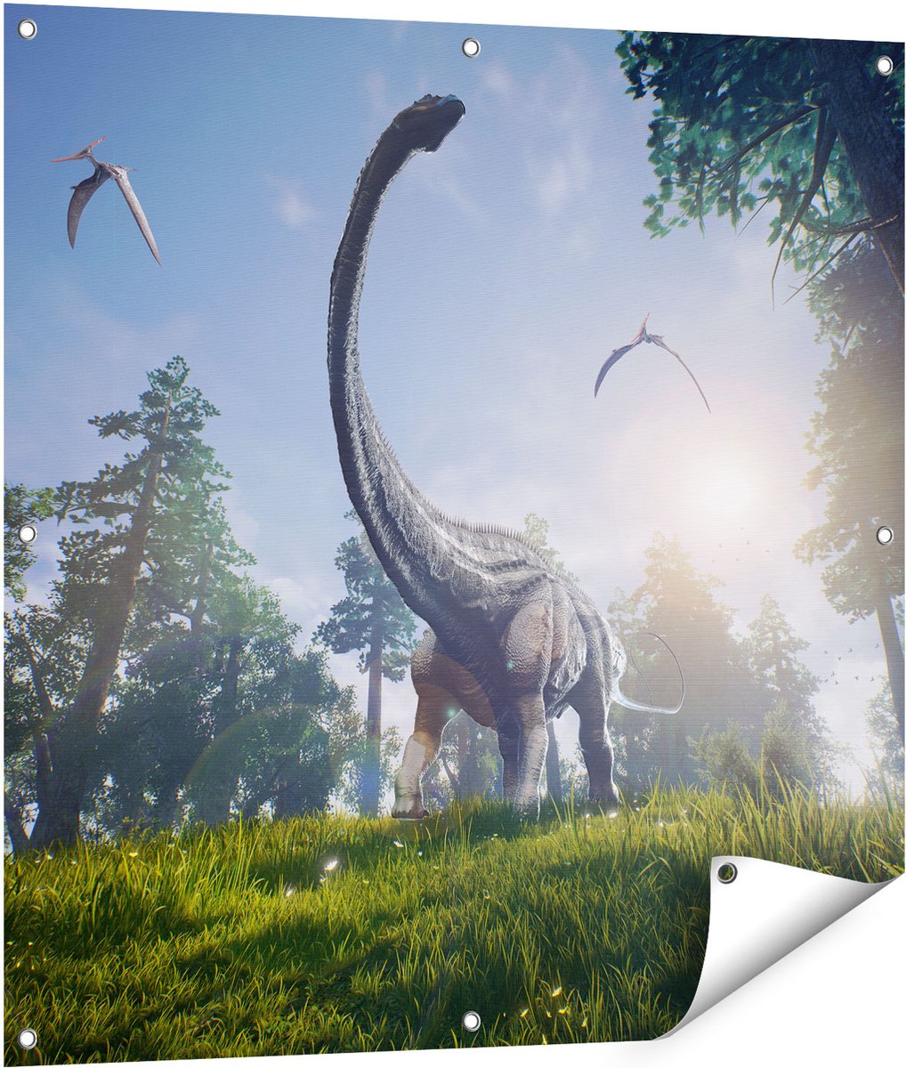 Gards Tuinposter Diplodocus Dinosauri�r in het Bos - 90x90 cm - Tuindoek - Tuindecoratie - Wanddecoratie buiten - Tuinschilderij Multikleur