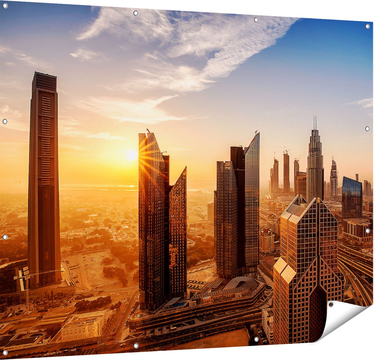 Gards Tuinposter Dubai Stad bij Zonsopgang - 150x120 cm - Tuindoek - Tuindecoratie - Wanddecoratie buiten - Tuinschilderij Multikleur