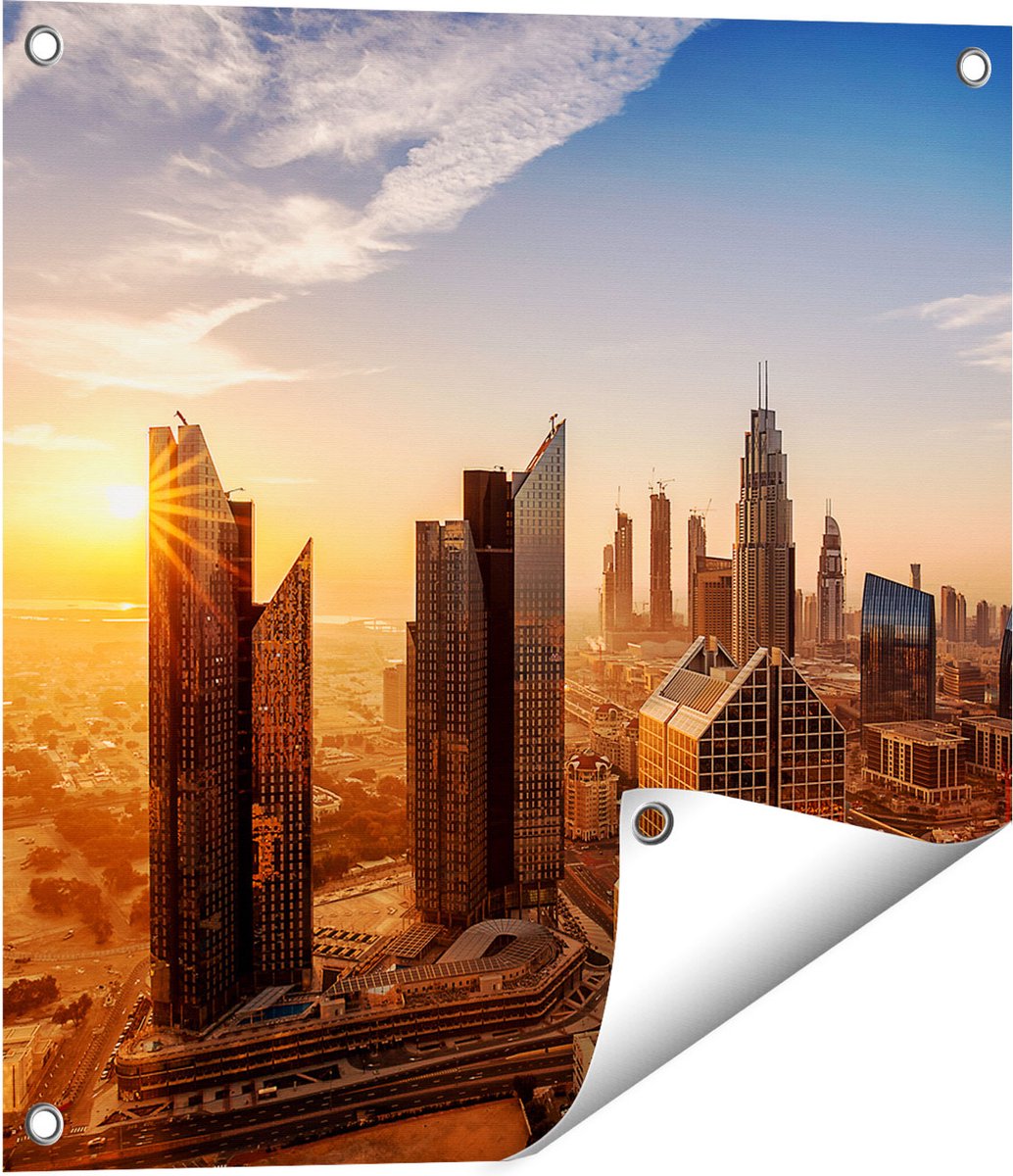 Gards Tuinposter Dubai Stad bij Zonsopgang - 50x50 cm - Tuindoek - Tuindecoratie - Wanddecoratie buiten - Tuinschilderij Multikleur