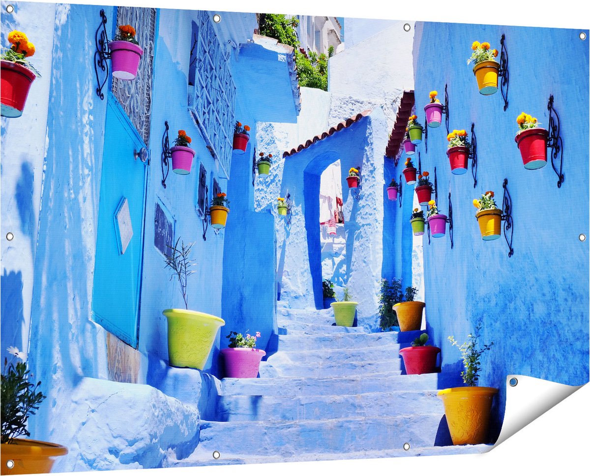 Gards Tuinposter Blauwe Huizen met Bloempotten in Chefchaouen, Marokko - 150x100 cm - Tuindoek - Tuindecoratie - Wanddecoratie buiten - Tuinschilderij Multikleur