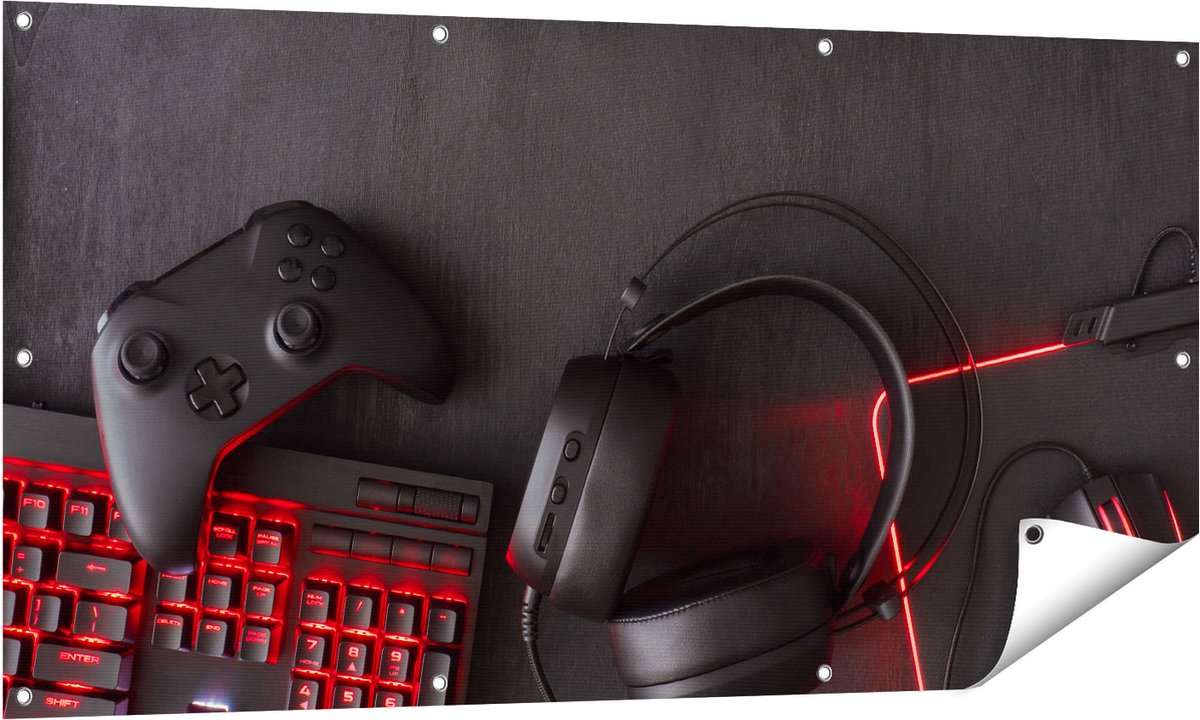 Gards Tuinposter Gaming Spullen - Accessoires - Controller - 140x70 cm - Tuindoek - Tuindecoratie - Wanddecoratie buiten - Tuinschilderij Multikleur