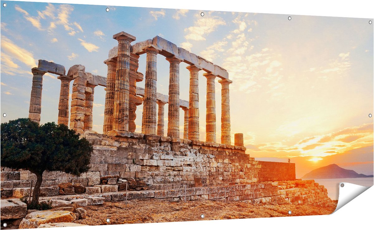 Gards Tuinposter Tempel van Poseidon in Athene, Griekenland - 200x100 cm - Tuindoek - Tuindecoratie - Wanddecoratie buiten - Tuinschilderij Multikleur