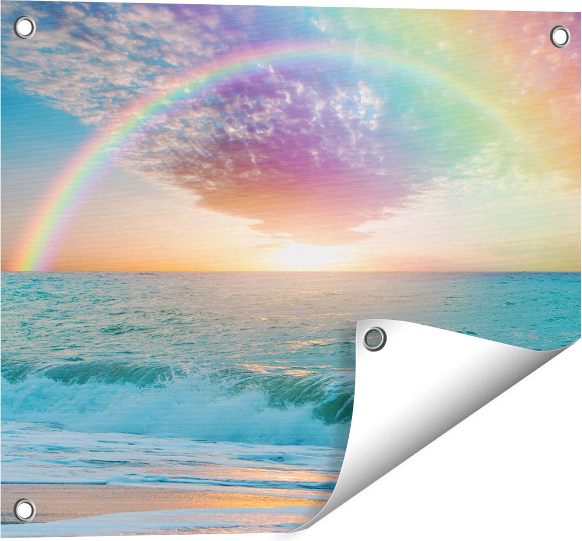 Gards Tuinposter Regenboog in het Water bij het Strand - 50x40 cm - Tuindoek - Tuindecoratie - Wanddecoratie buiten - Tuinschilderij Multikleur
