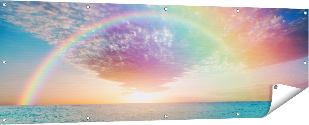 Gards Tuinposter Regenboog in het Water bij het Strand - 180x60 cm - Tuindoek - Tuindecoratie - Wanddecoratie buiten - Tuinschilderij Multikleur