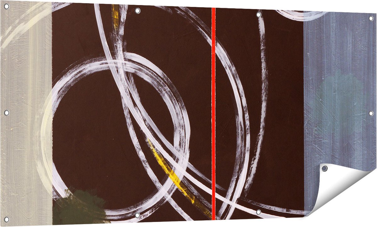 Gards Tuinposter Abstracte Cirkels met een Rode Lijn - 140x70 cm - Tuindoek - Tuindecoratie - Wanddecoratie buiten - Tuinschilderij Multikleur