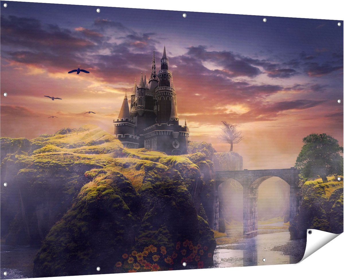 Gards Tuinposter Oud Kasteel op een Heuvel - 180x120 cm - Tuindoek - Tuindecoratie - Wanddecoratie buiten - Tuinschilderij Multikleur