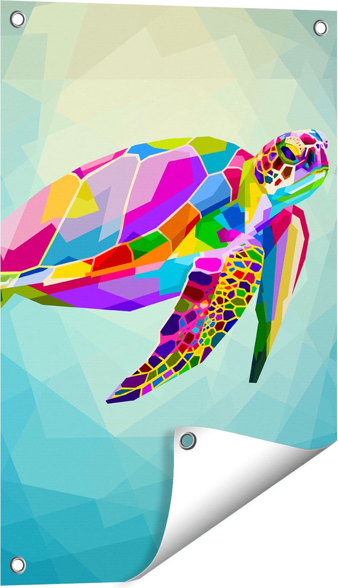 Gards Tuinposter Kleurrijke Schildpad in het Water - 40x60 cm - Tuindoek - Tuindecoratie - Wanddecoratie buiten - Tuinschilderij Multikleur