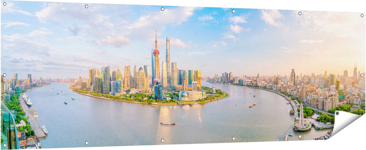 Gards Tuinposter Skyline Shanghai Stad in China - 210x70 cm - Tuindoek - Tuindecoratie - Wanddecoratie buiten - Tuinschilderij Multikleur
