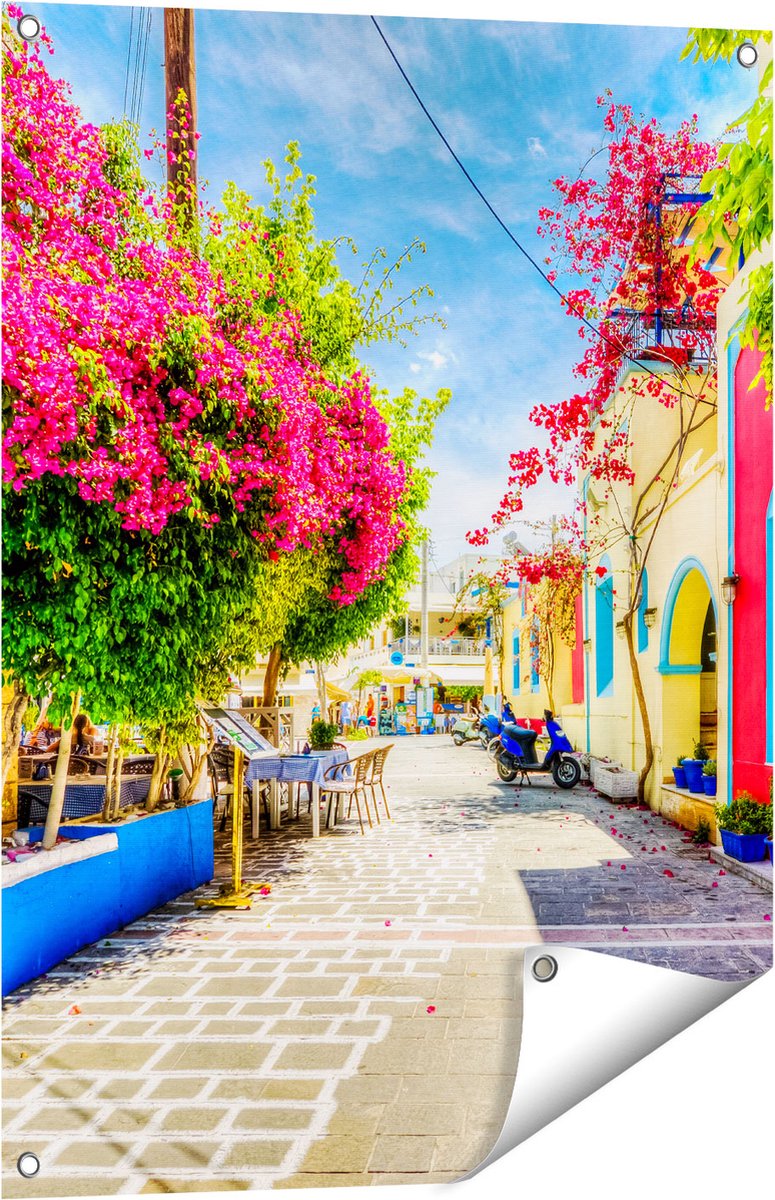 Gards Tuinposter Kleurrijke Straat op het Eiland Kos, Griekenland - 60x80 cm - Tuindoek - Tuindecoratie - Wanddecoratie buiten - Tuinschilderij Multikleur
