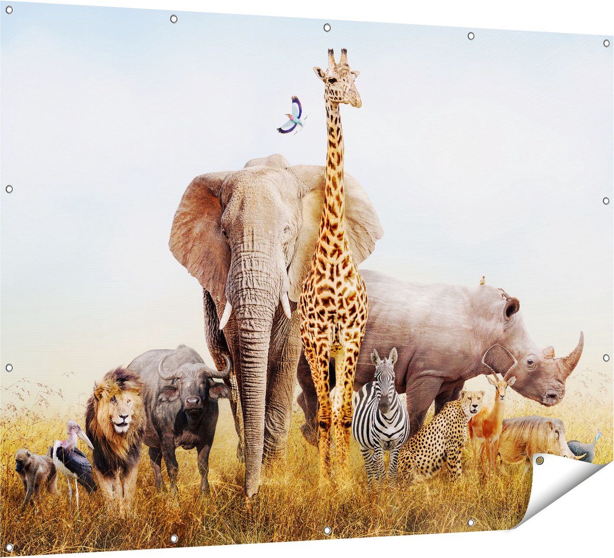 Gards Tuinposter Afrikaanse Dieren op het Gras - Afrika - 160x120 cm - Tuindoek - Tuindecoratie - Wanddecoratie buiten - Tuinschilderij Multikleur