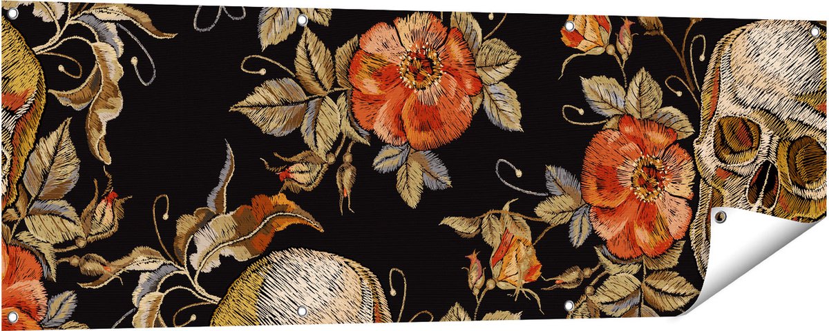 Gards Tuinposter Doodshoofden met Bloemen - Schedels - 150x50 cm - Tuindoek - Tuindecoratie - Wanddecoratie buiten - Tuinschilderij Multikleur