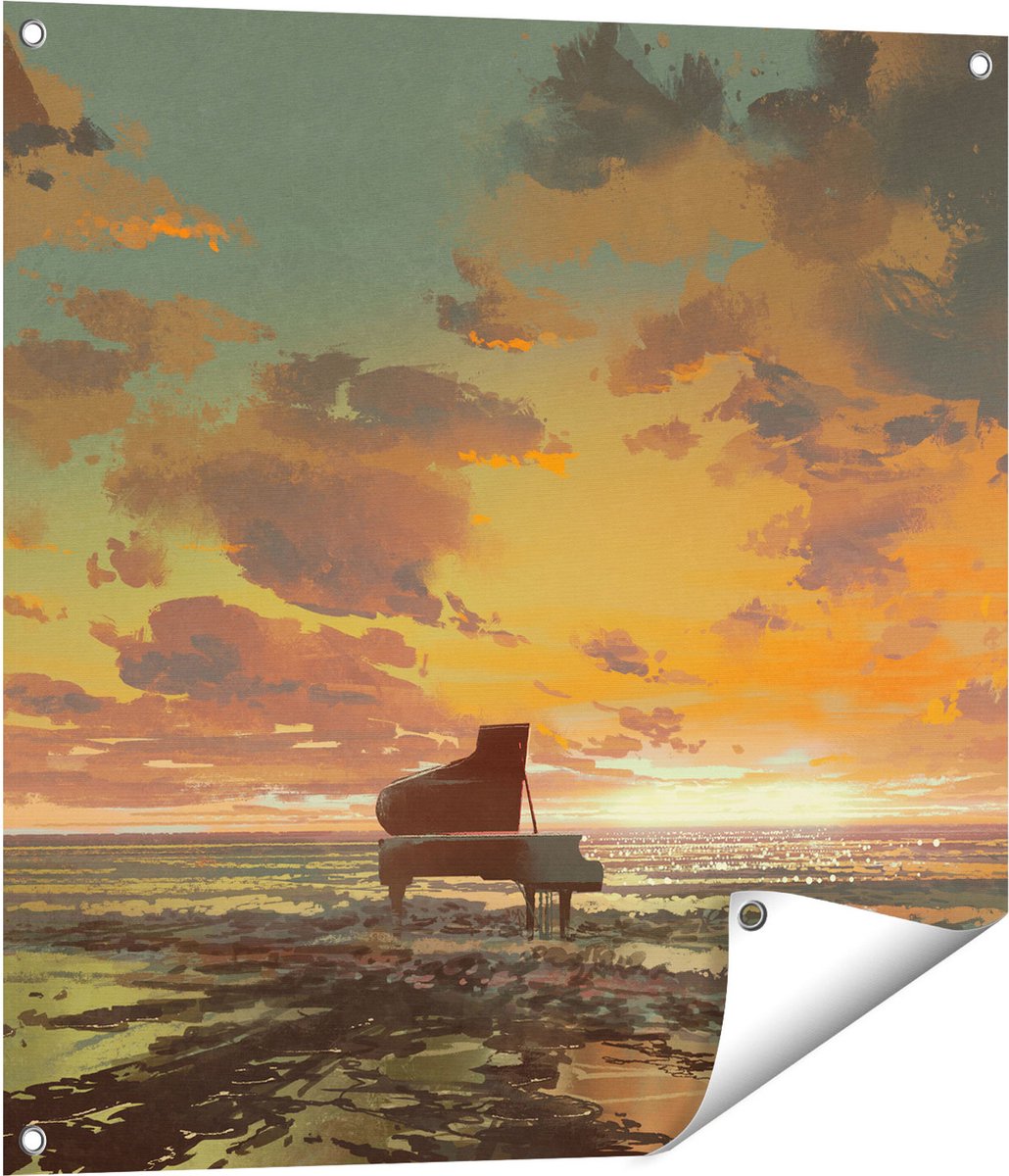 Gards Tuinposter Piano op het Strand bij Zonsondergang - 70x70 cm - Tuindoek - Tuindecoratie - Wanddecoratie buiten - Tuinschilderij Multikleur