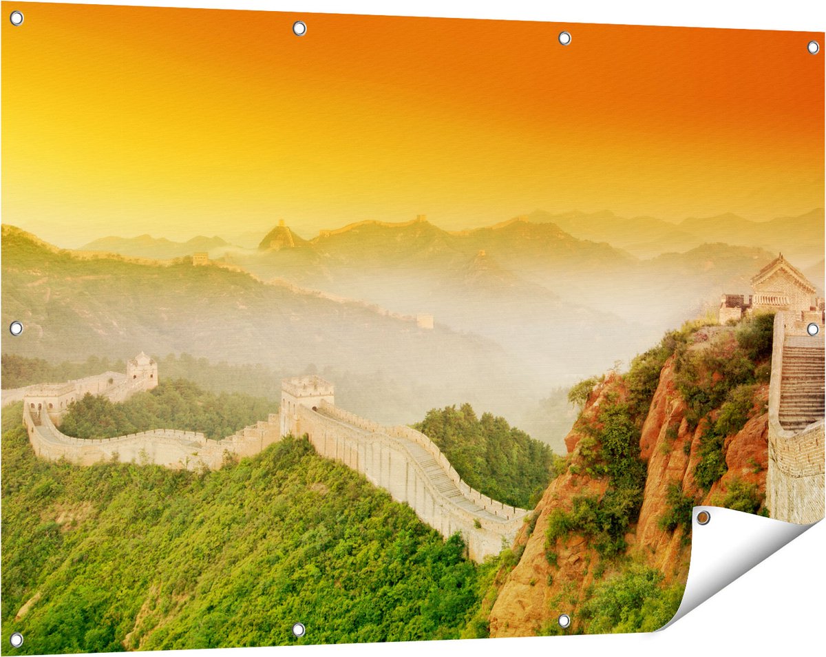 Gards Tuinposter Chinese Muur bij Zonsopgang - 120x80 cm - Tuindoek - Tuindecoratie - Wanddecoratie buiten - Tuinschilderij Multikleur