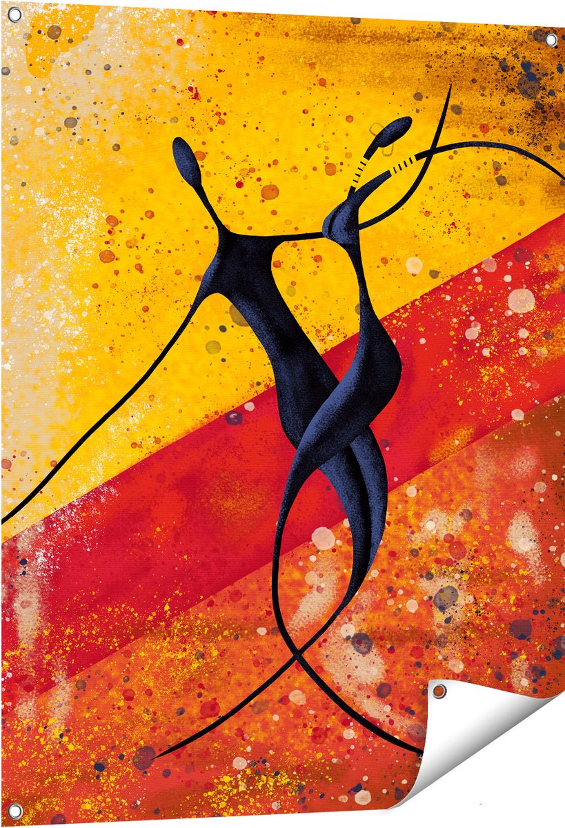 Gards Tuinposter Abstracte Kunst - Dansend Afrikaans Paar - 80x100 cm - Tuindoek - Tuindecoratie - Wanddecoratie buiten - Tuinschilderij Multikleur