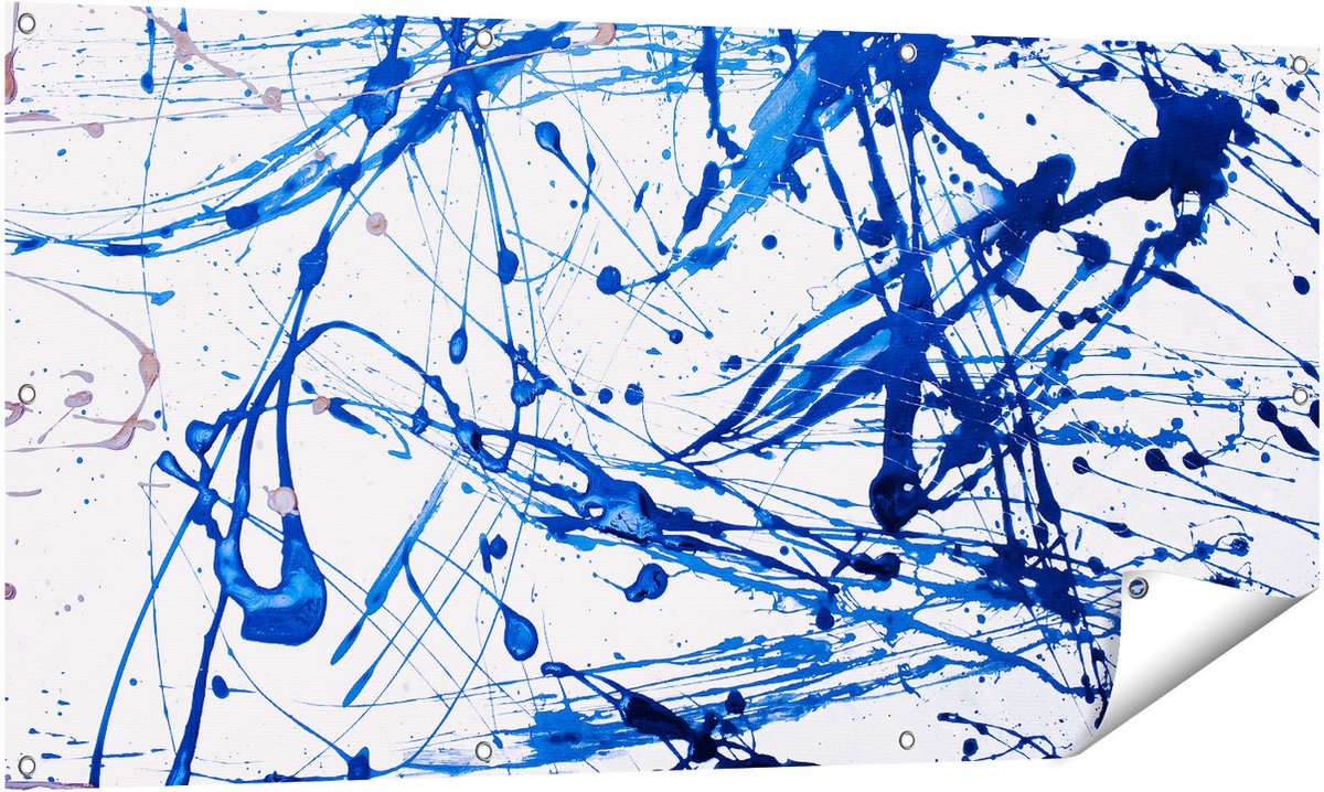 Gards Tuinposter Abstracte Kunst Blauwe Verf - 140x70 cm - Tuindoek - Tuindecoratie - Wanddecoratie buiten - Tuinschilderij Multikleur