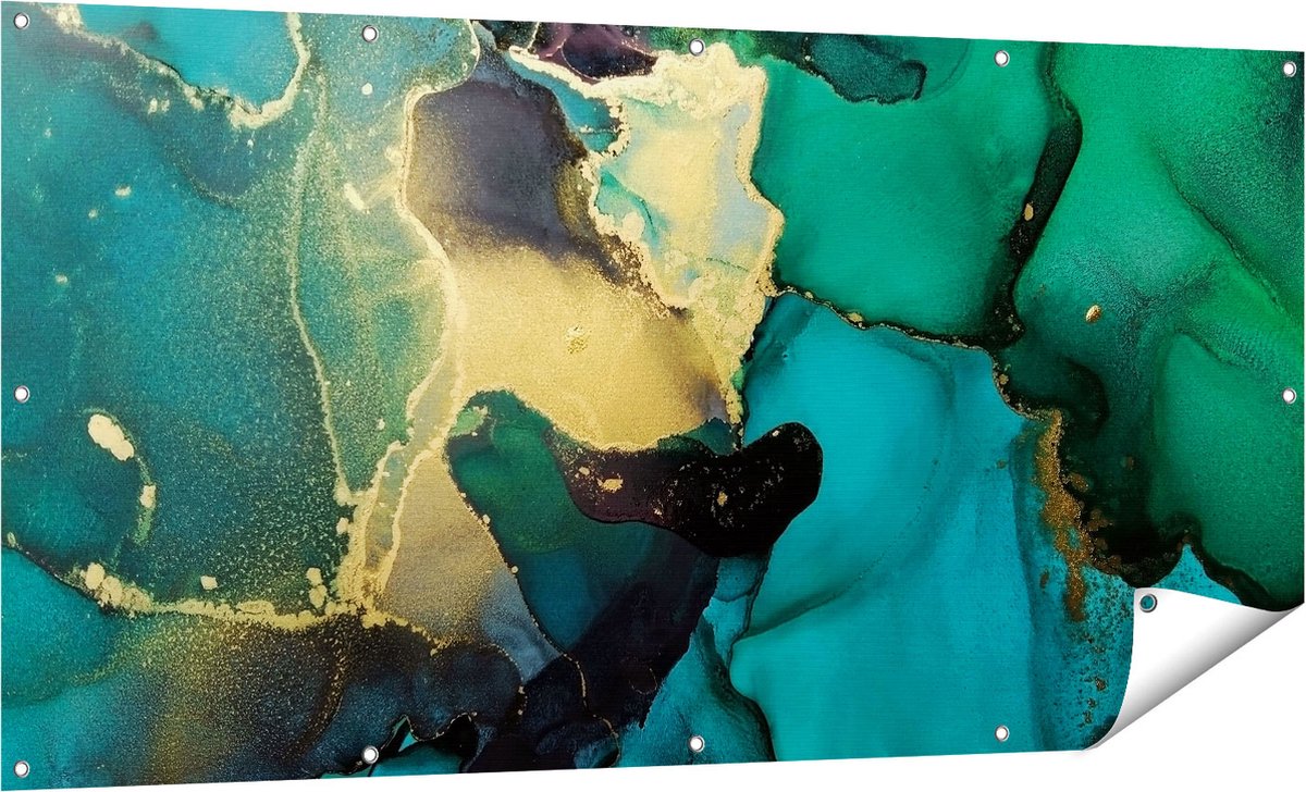 Gards Tuinposter Abstracte Kunst - Groen met Goud - 160x80 cm - Tuindoek - Tuindecoratie - Wanddecoratie buiten - Tuinschilderij Multikleur