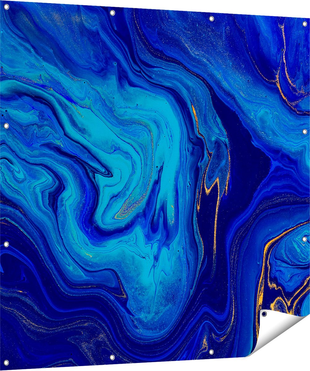 Gards Tuinposter Abstracte Kunst - Blauw met Gouden Verf - 120x120 cm - Tuindoek - Tuindecoratie - Wanddecoratie buiten - Tuinschilderij Multikleur